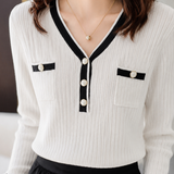 Elegant Commuter Vertical Rib Contrast Trim V-Neck Shell Button Long-Sleeve Knit Top