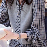 Elegant Commuter V‑Neck Ribbon‑Spliced Plaid Long‑Sleeve Shirt