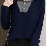 Elegant Commuter Lapel Color-Block Striped Fake Two-Piece Knit Top