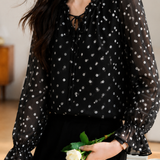 Exquisite Elegant Lace Collar Tie Waist Polka Dot Print Long-Sleeve Blouse
