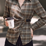 Casual Vintage Plaid Waist-Cinched Buckle Irregular Blouse