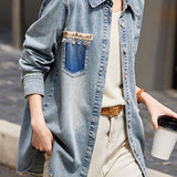 Casual Lapel Denim Shirt With Lace Appliqué And Beaded Details