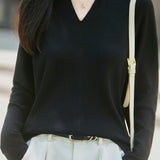 Elegant Commuter V-Neck Knit Top With Fishbone Texture