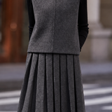 Minimal Contrast Stitching Brooch Vest & Pleated Midi Skirt Set