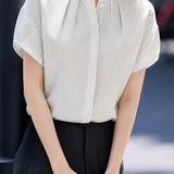 French Commuter Striped Crew Neck Ruched Button Short-Sleeve Blouse