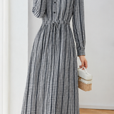 Elegant Lapel Drawstring Waist Plaid Midi Dress