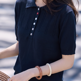 Elegant Commuter Polo Neck Hollow-Out Color Button Short-Sleeve Knit Top