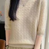 Elegant Commuter Crew Neck Cable Knit Pullover Five-Quarter Sleeve Top