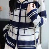 Casual Elegant Hooded Zipper Striped Color Block Knit Cardigan