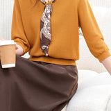 Elegant Knit Midi Skirt Set With Printed Scarf Sash