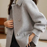 Stand Collar Double Button Melton Coat with Lining