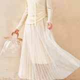 Exquisite Date‑Style V‑Neck Tie Long‑Sleeve Top & Pleated Midi Skirt Two‑Piece Set