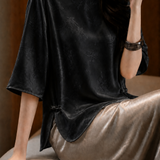 Elegant Commuter Crew Neck Satin Jacquard Three-Quarter Sleeve Blouse