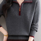 Gentle Commuter Contrast Half-Zip Lapel Knit Top