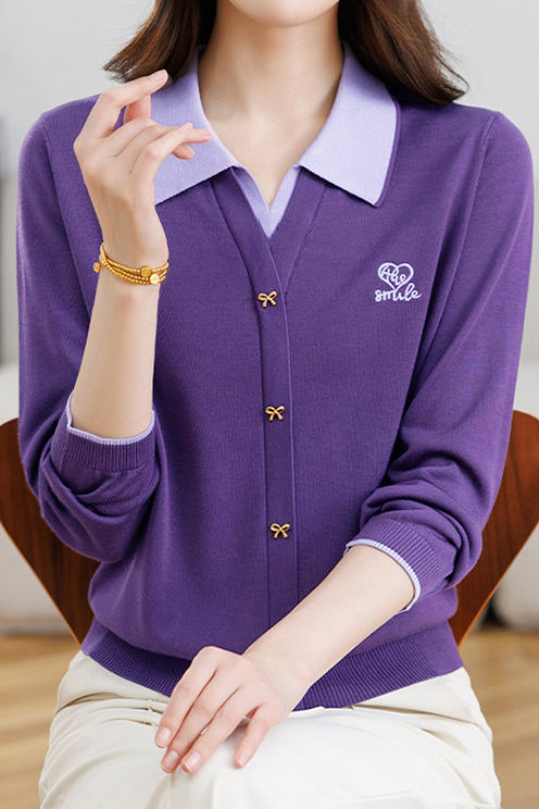 Color‑Blocked Polo Collar Bow Button Faux Two‑Piece Knit Cardigan