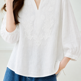 Casual Textured Embroidered Lantern Sleeve Shirt
