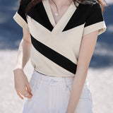 Exquisite Elegant Commuter V-Neck Contrast Short-Sleeve T-Shirt