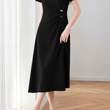 Elegant Commuter Crew Neck Dress With Side U-Buckle Twist Gathered Waist