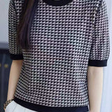 Elegant Crew Neck Color Block Plaid Knit Top