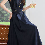 Casual Contrast Topstitch Waist-Cinched Denim Dress