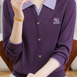 Color‑Blocked Polo Collar Bow Button Faux Two‑Piece Knit Cardigan