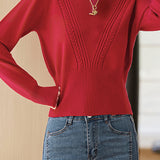 Simple Retro High-Waisted Slim-Fit Cable-Knit Round-Neck Long-Sleeve Sweater