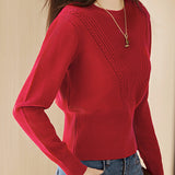 Simple Retro High-Waisted Slim-Fit Cable-Knit Round-Neck Long-Sleeve Sweater