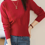 Simple Retro High-Waisted Slim-Fit Cable-Knit Round-Neck Long-Sleeve Sweater