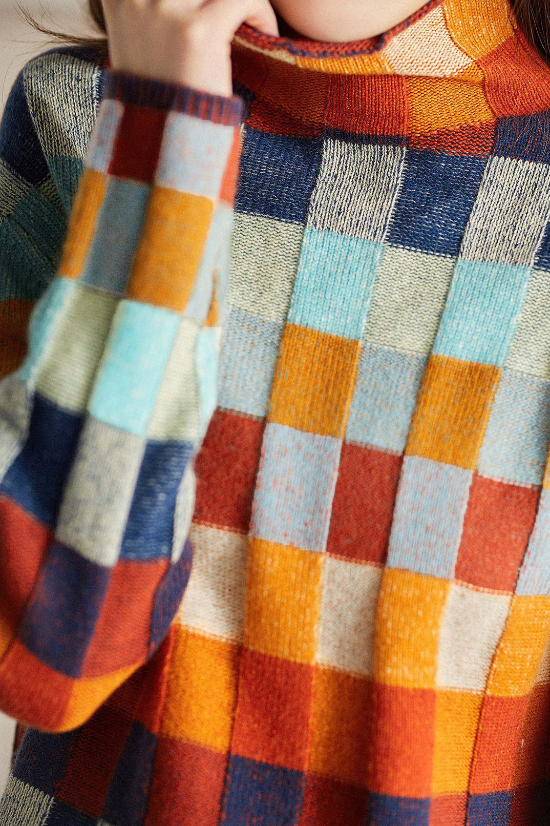 Turtle Neck Check Knit Top - liwisi