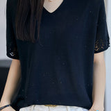 Elegant Seamless Integrated V-neck Short Sleeve Knit Top