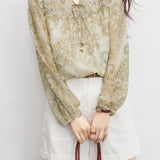 Vintage Printed Pleated Tie Blouse