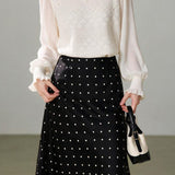 Exquisite Commuter Jacquard Beaded Spliced Chiffon Long-Sleeve Blouse