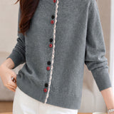 Comfortable Commuter Crew Neck Wavy Ruffle Contrast Button Long Sleeve Knit Cardigan