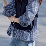 Elegant Commuter Fake Two‑Piece Crew Neck Plaid Long‑Sleeve Shirt