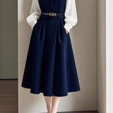 French Commuter Fake‑Two‑Piece Color‑Block Bow Collar Long‑Sleeve Dress