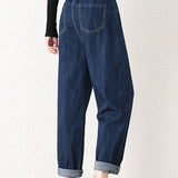 Casual Pleated Cuff Straight Leg Denim Pants