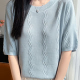 Elegant Short-Sleeve Knit Top With Water Ripple Pattern