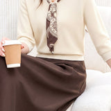 Elegant Knit Midi Skirt Set With Printed Scarf Sash