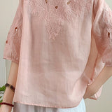 Casual Ramie Embroidered Short Sleeve Shirt