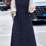 Exquisite Elegant Fake Two-Piece Crew Neck Lace Trim Long-Sleeve Dress