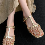 Retro Hollow Mesh Woven T-Strap Sandals - liwisi