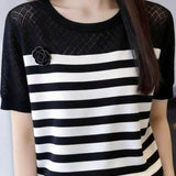 Delicate Elegant Striped Regular Shoulder Camellia Short Sleeve Knit Top