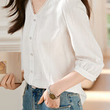 Scalloped V-Neck Button Decor Embroidered Blouse