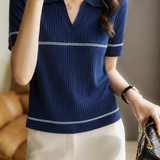 Elegant Commuter Lapel Color-Block Ribbed Short-Sleeve Knit Top