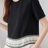 Delicate Casual Crew Neck Fake Two-piece Spliced T-shirt With Lace Hem