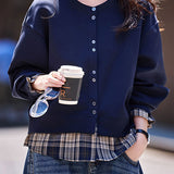 Casual Crew Neck Plaid Spliced Long Sleeve Sweatshirt