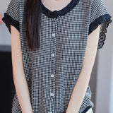 Casual Houndstooth Ruffle Short Sleeve Blouse
