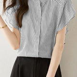 Minimalist Commuter Black And White Striped Stand Collar Blouse