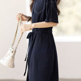 Exquisite Elegant V-Neck Stitched Tie Waist Midi Dress