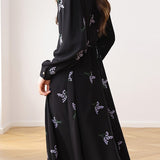 V-Neck Lavender Embroidered Tie Belted Dress
